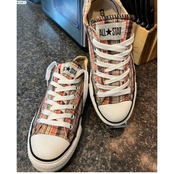 Converse All Star Chuck Taylor Brown Peach Plaid Lo Top Sneakers Shoes - Picture 2 of 9